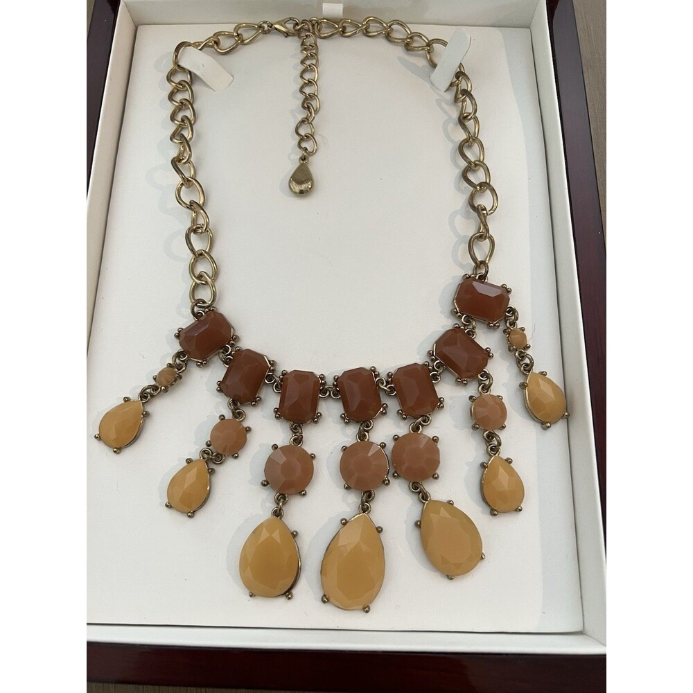 Vintage Statement Bib Necklace W/brown And Amber Faux Gemstones